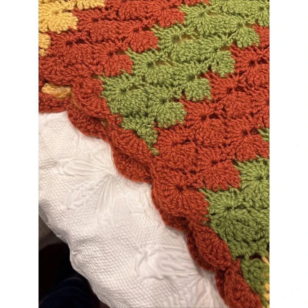 VTG Afghan Throw‎ Retro 70s Crochet Yellow Green Red Boho Stripe Blanket 34x61